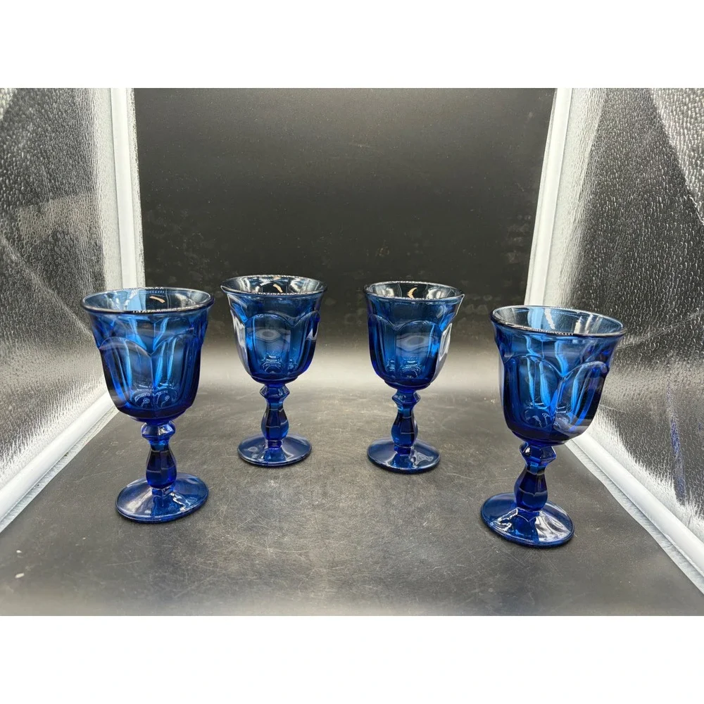 Vintage Cobalt Blue Glass Goblets Set of 4 Paneled Water Wine Glasses 5.5 inch